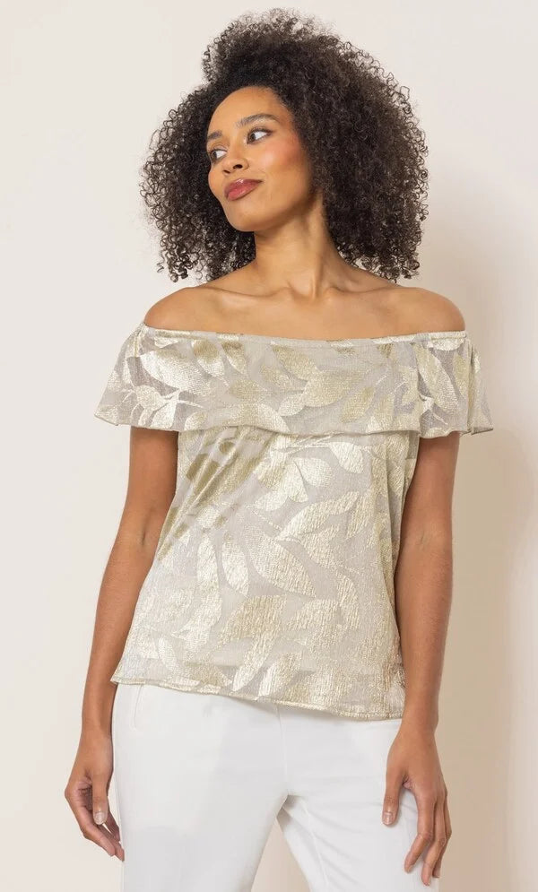 Metallic Leaf Print Bardot Top