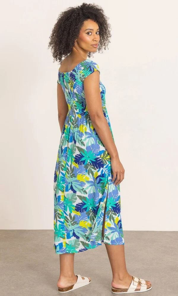 Leaf Print Smocked Bardot Midaxi Dress