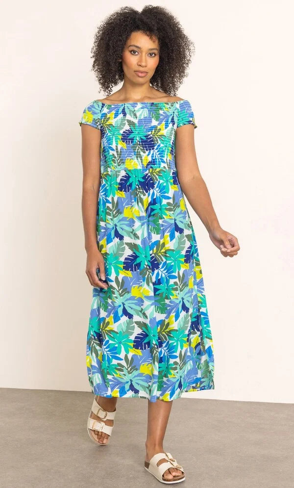 Leaf Print Smocked Bardot Midaxi Dress