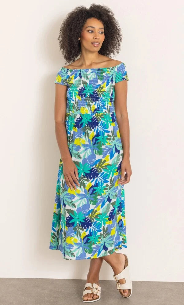 Leaf Print Smocked Bardot Midaxi Dress