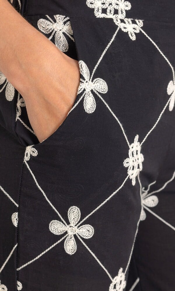 Embroidered Wide Leg Pull On Cotton Trousers