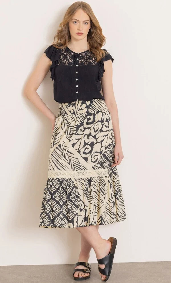 Printed Smocked Waist Cotton Midi Skirt