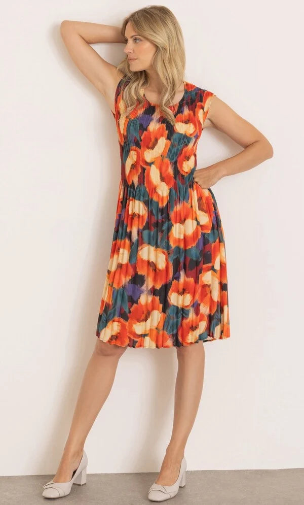 Printed Round Neck Pleated Dress
