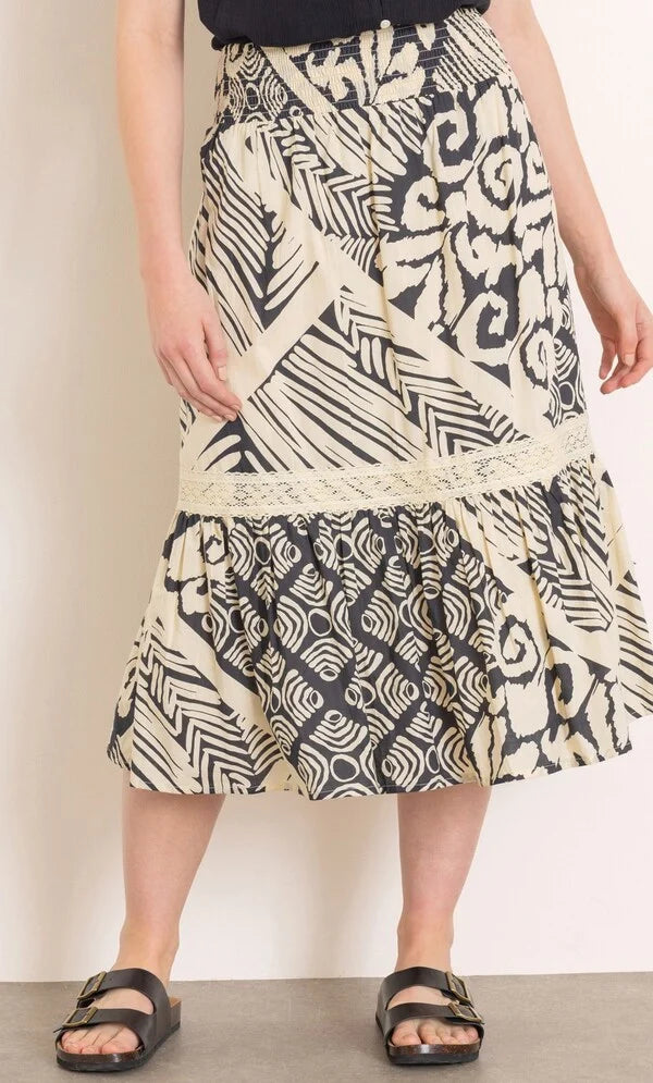 Printed Smocked Waist Cotton Midi Skirt