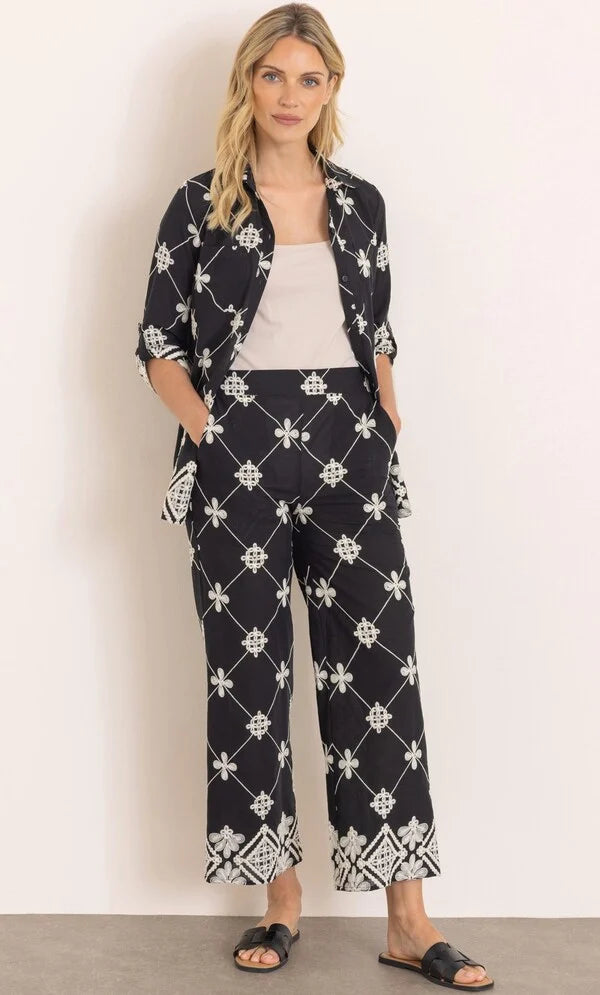 Embroidered Wide Leg Pull On Cotton Trousers