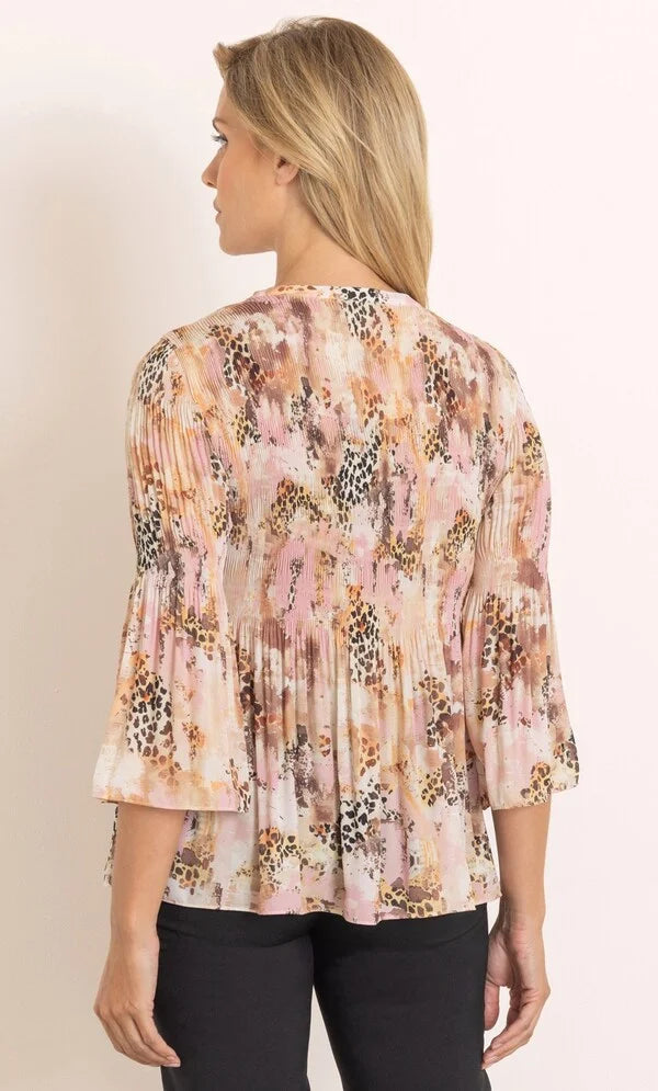 Lace Up Animal Print Pleated Top