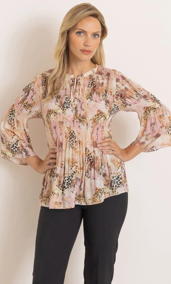 Lace Up Animal Print Pleated Top