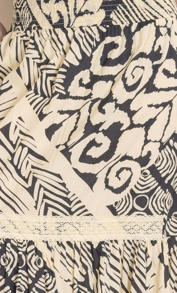 Printed Smocked Waist Cotton Midi Skirt