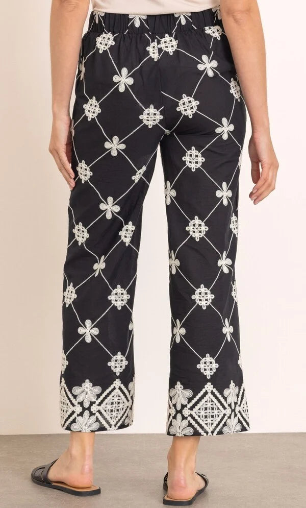 Embroidered Wide Leg Pull On Cotton Trousers