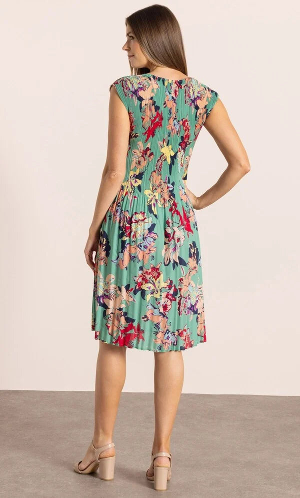 Printed Round Neck Pleated Dress