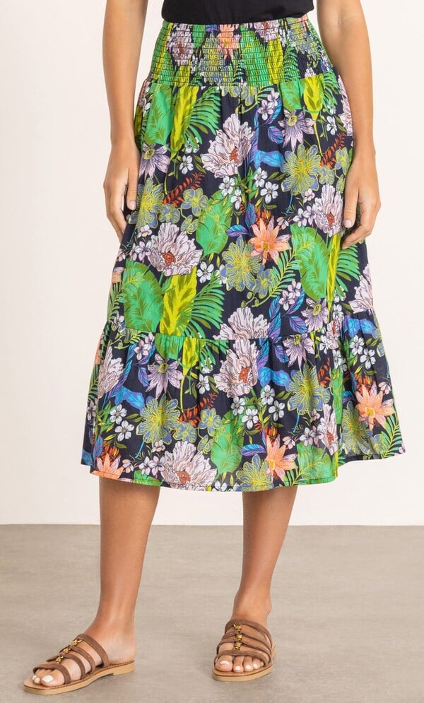 Garden Print Smocked Waist Cotton Skirt